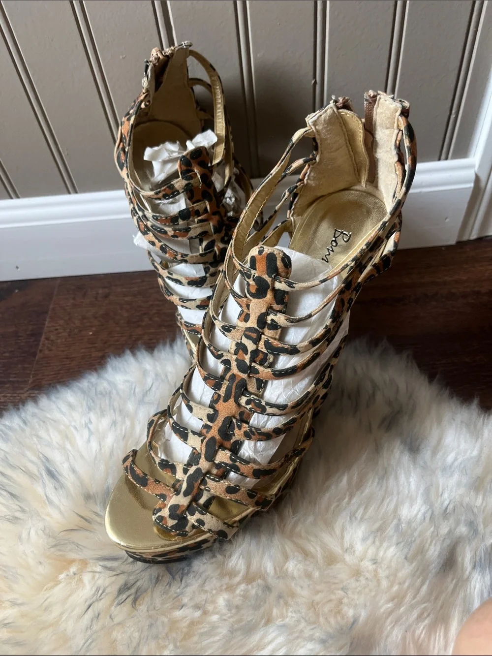 Bonnibel Leopard Print Strappy Platform Sandals with Gold Accents